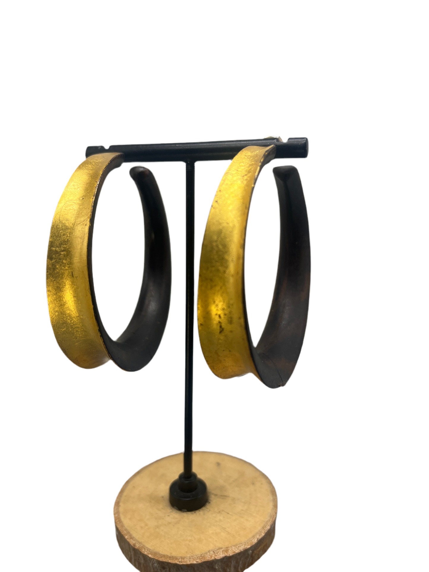 Handcrafted Large Sculpted Ebony Wood Hoop Earrings with 24k Gold Leafing Accents