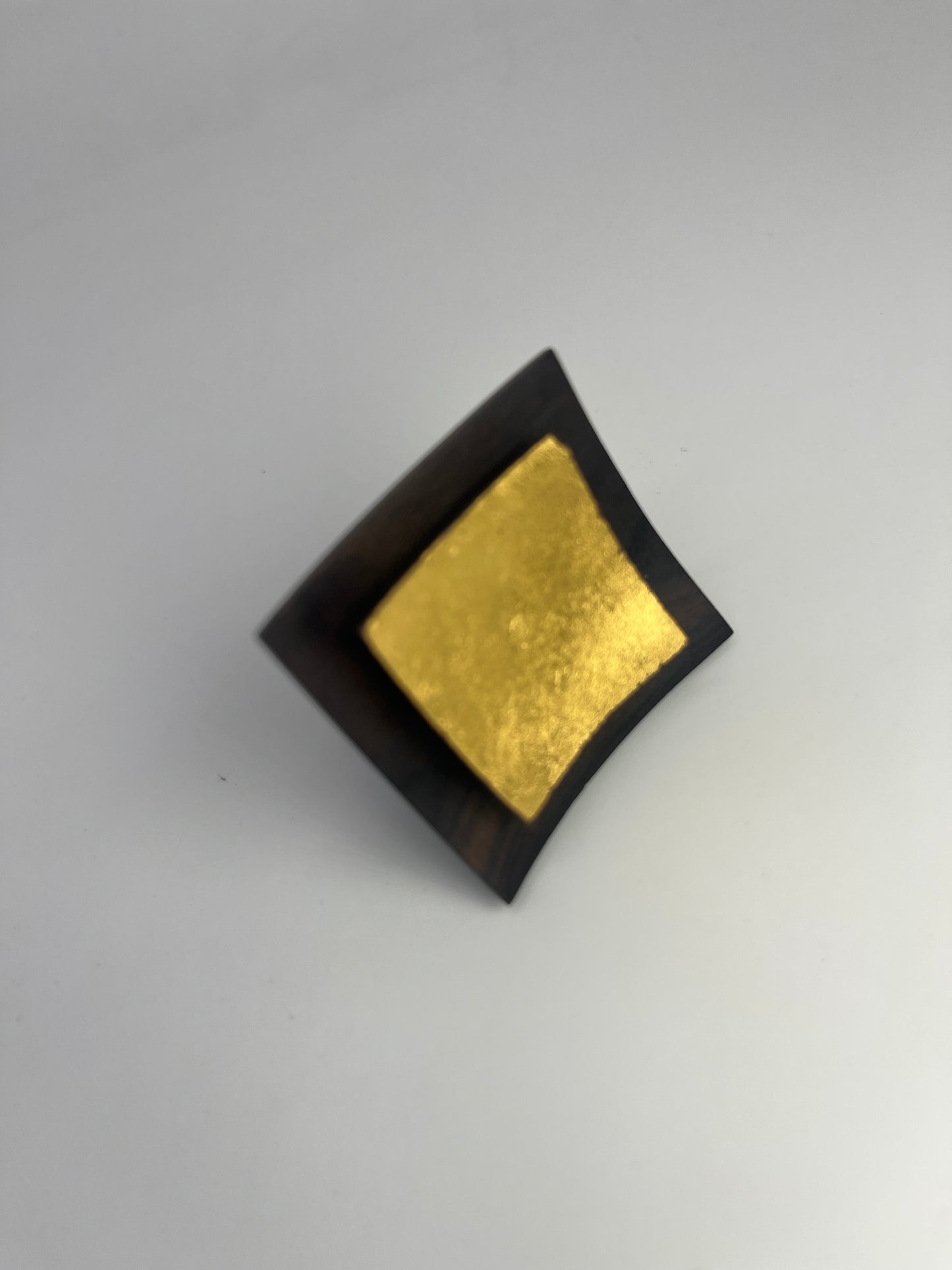 Handcrafted ebony wood ring large square sculpted 24k gold leafing accent