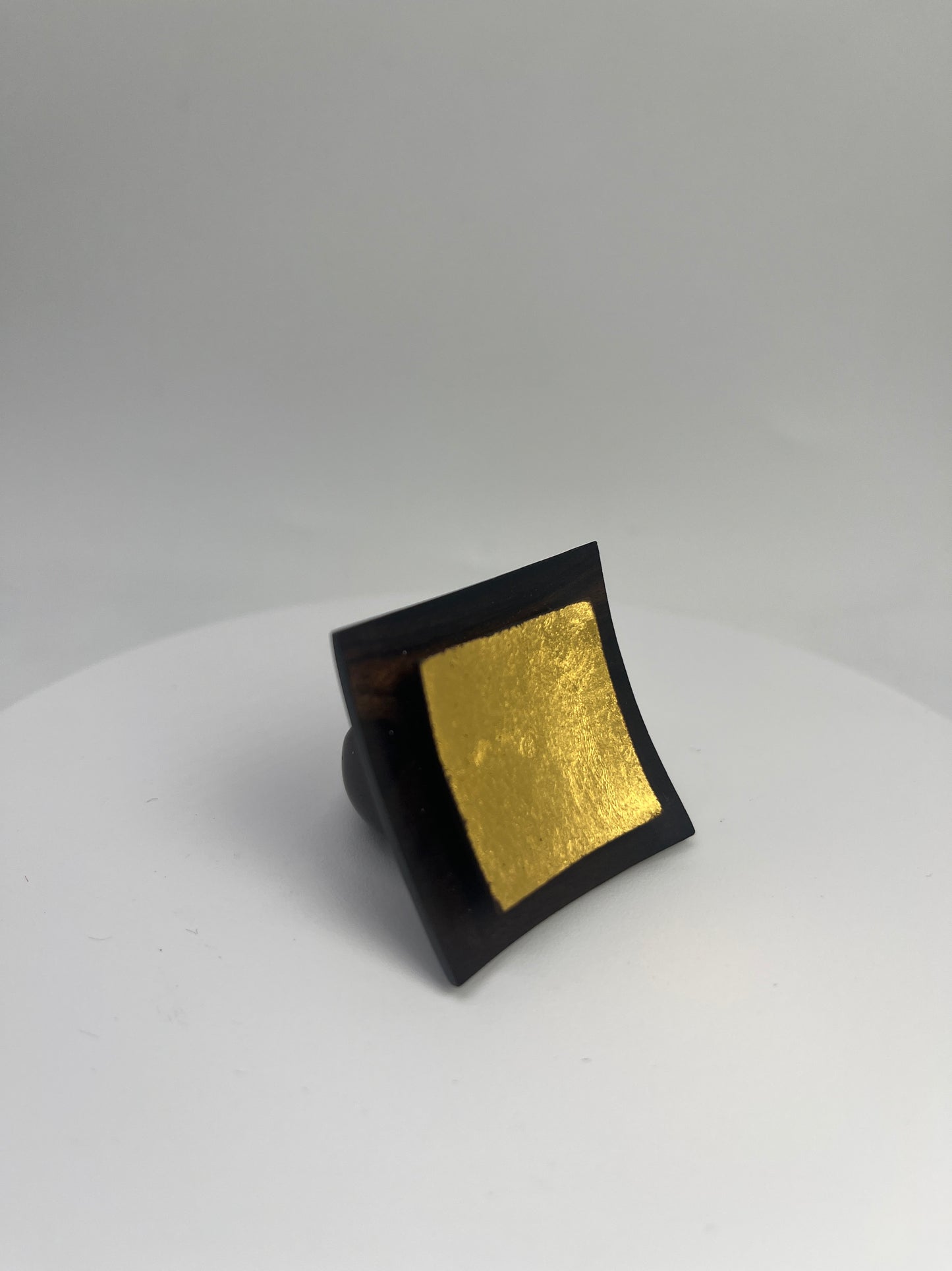 Handcrafted ebony wood ring large square sculpted 24k gold leafing accent