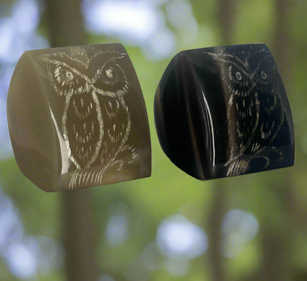 Buffalo Horn Ring Flaco the owl carved tribute
