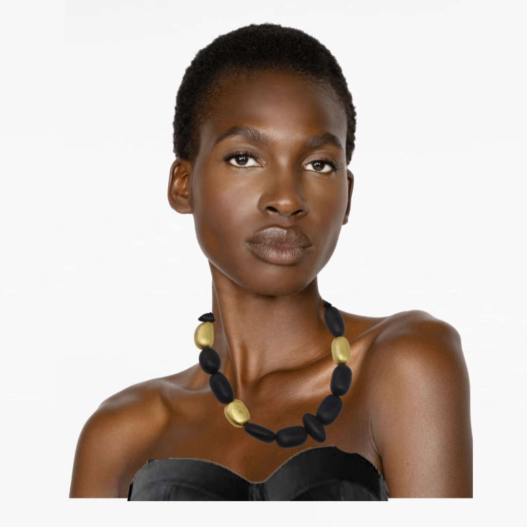 Handcrafted Ebony Wood Bead Necklace from Mali with 24K Gold Leaf Accents