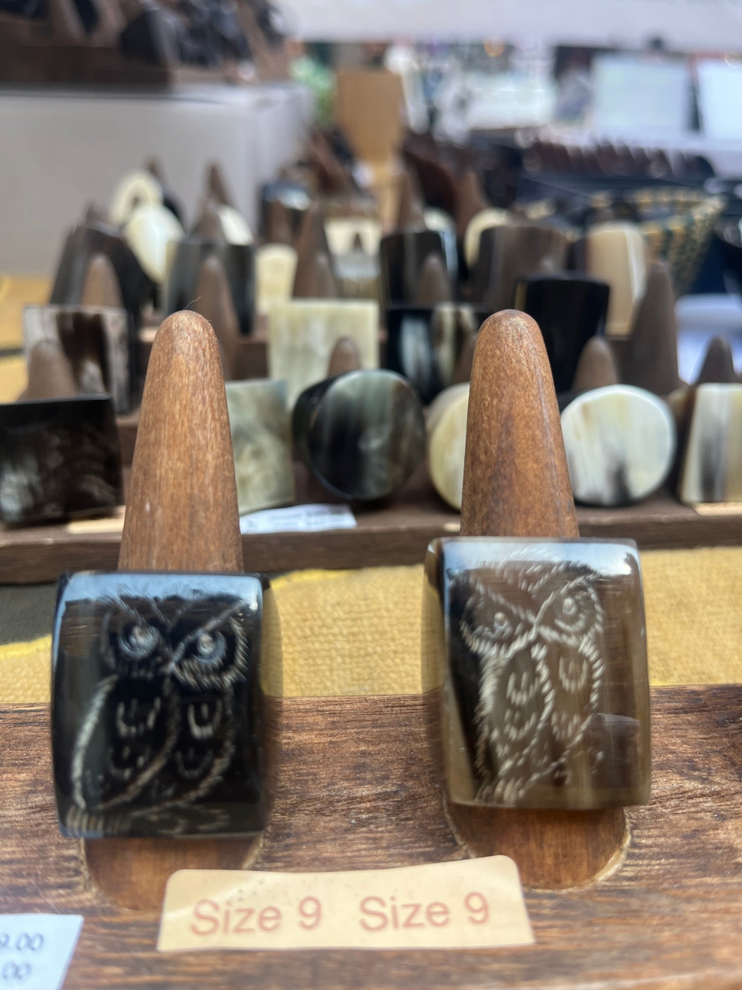 Buffalo Horn Ring Flaco the owl carved tribute
