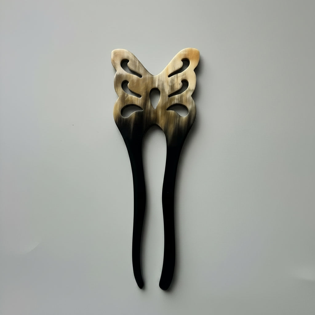 Hand‑Carved Buffalo Horn Butterfly French Pin — Artisan 2‑Prong Hair Accessory