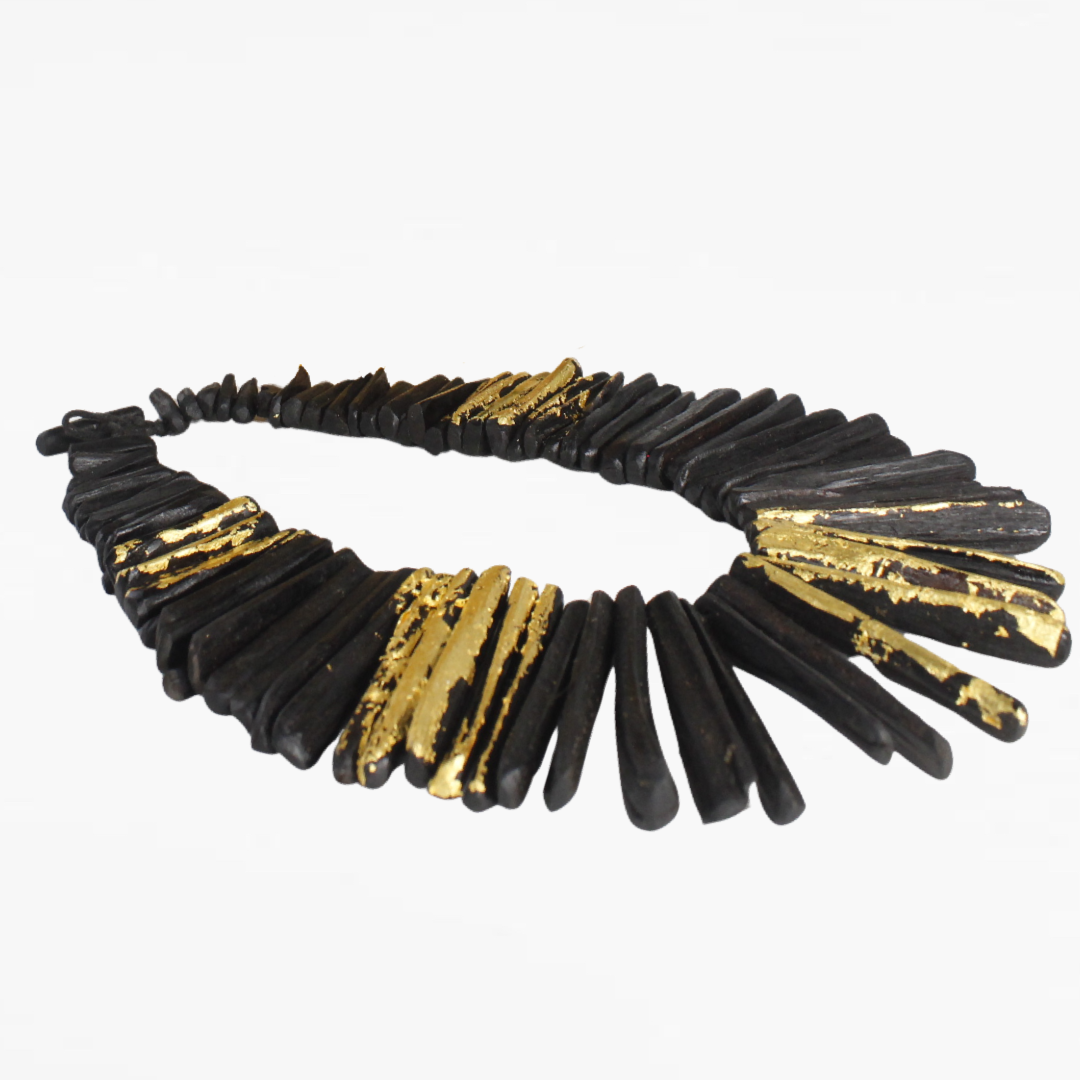 Handcrafted Ebony Wood Statement Necklace Choker with 24k Gold Leaf