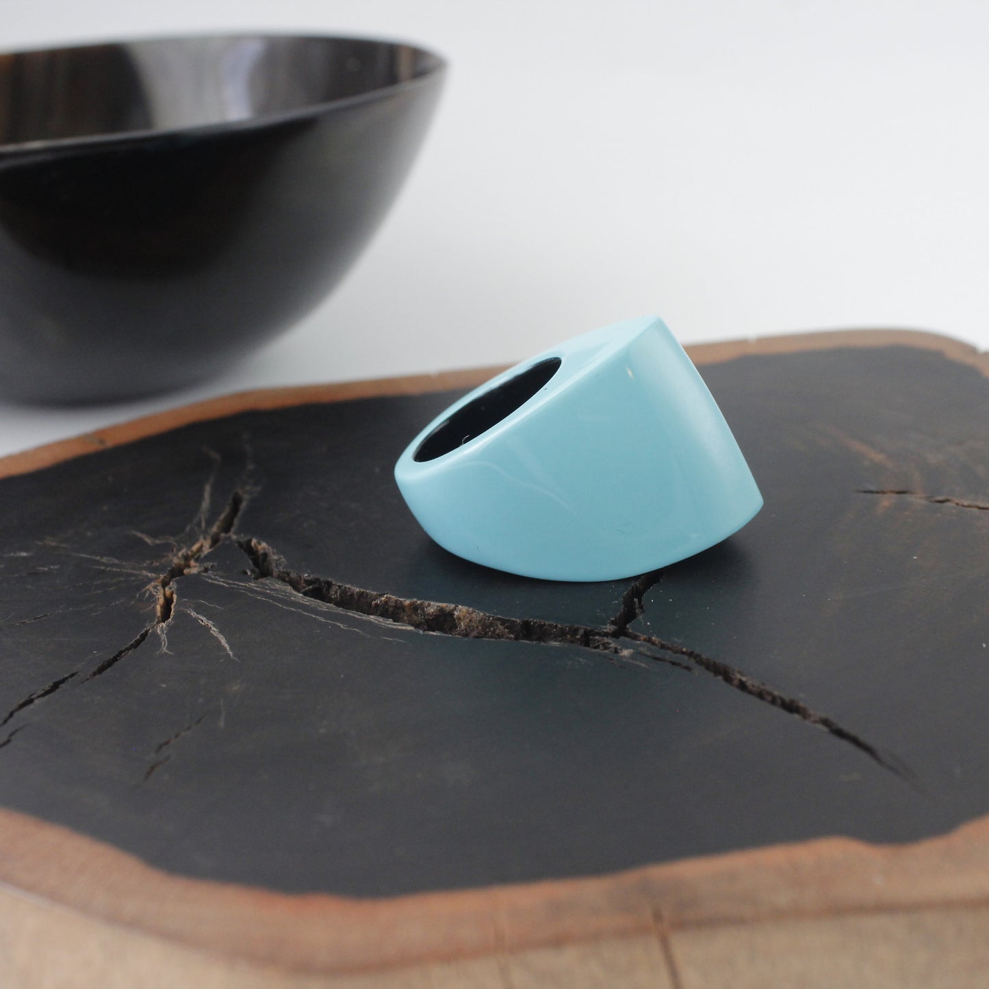Robin Egg Blue Lacquer Black Buffalo Horn Ring