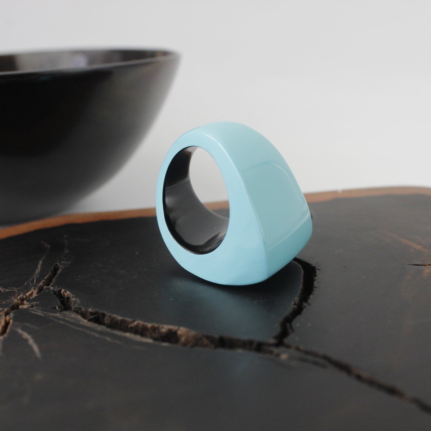 Robin Egg Blue Lacquer Black Buffalo Horn Ring