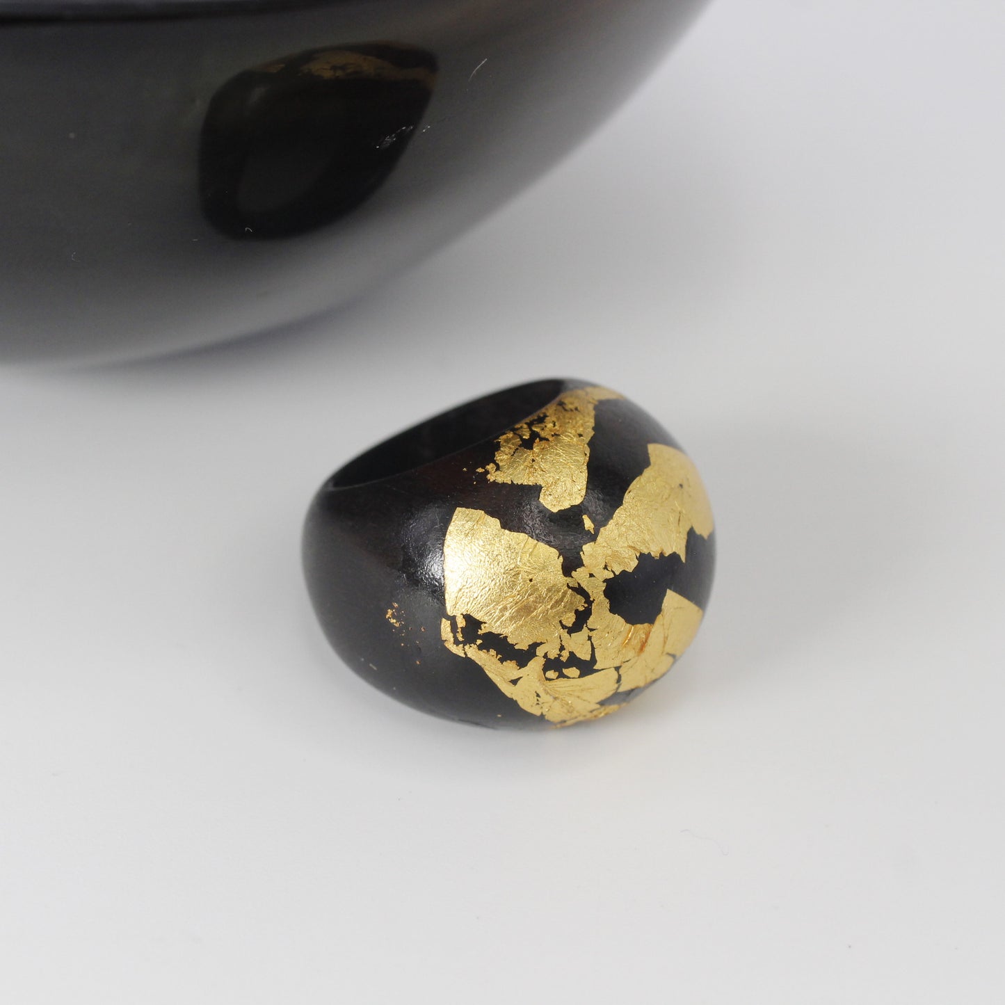 Handcrafted Ebony Wood Domed Ring with 24k Gold Leafing Design