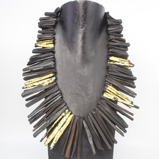 Handcrafted Ebony Wood Statement Necklace with 24k Gold Leaf