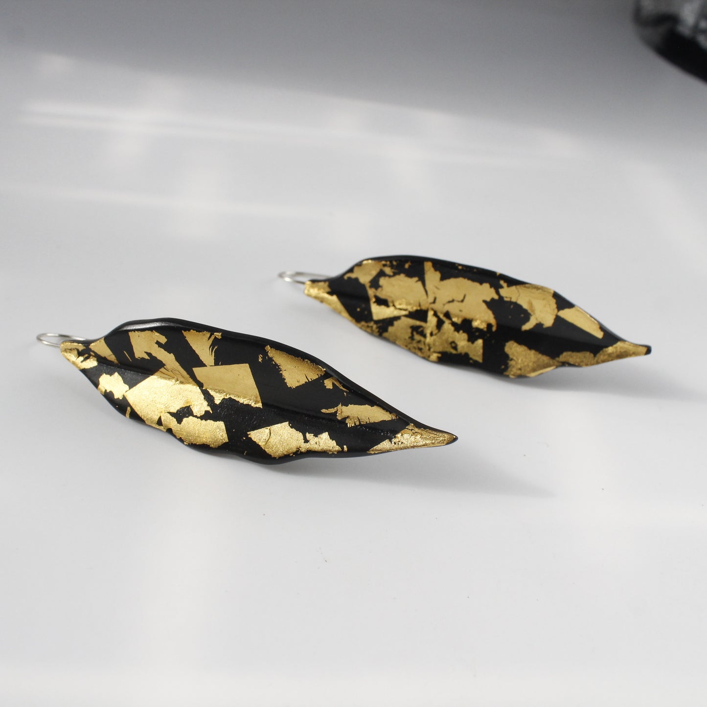 Handcrafted Ebony Wood Leaf Shaped Earrings with 24k Gold Leaf Design