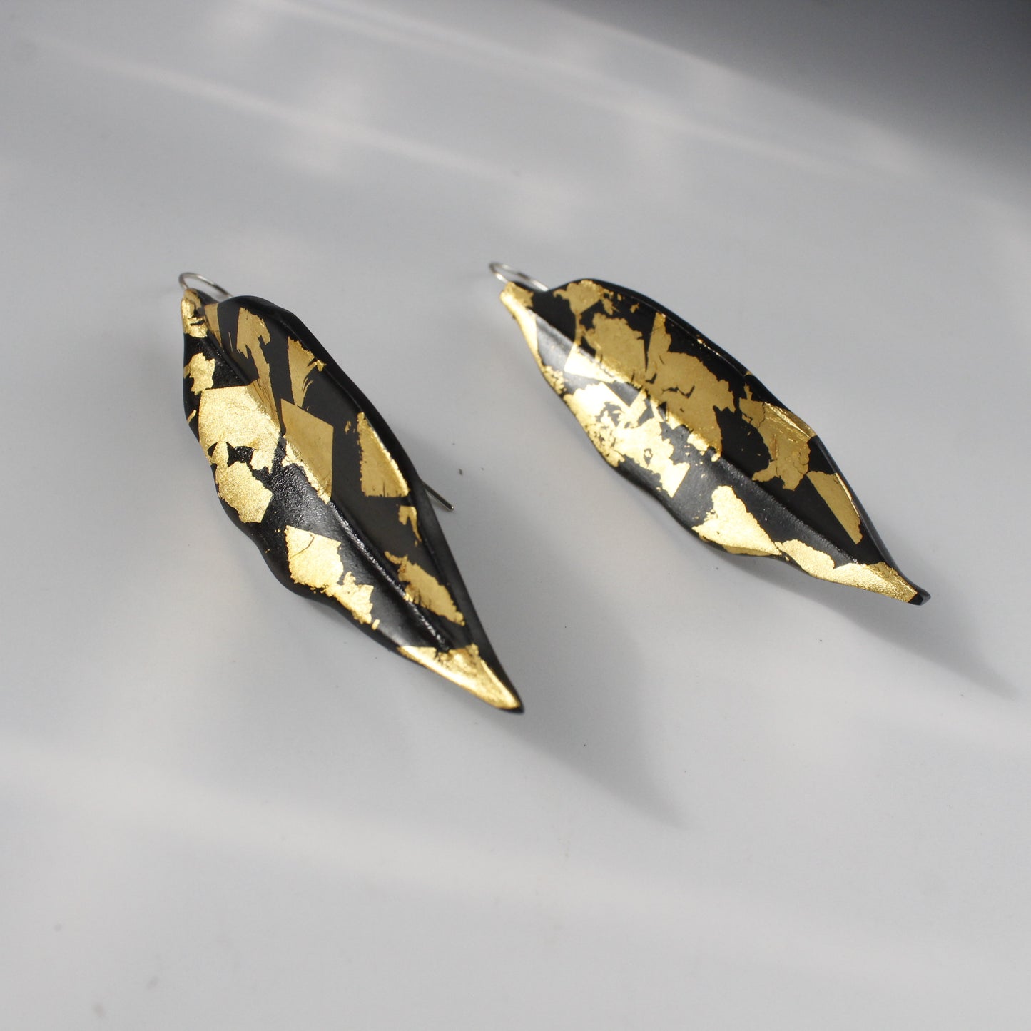 Handcrafted Ebony Wood Leaf Shaped Earrings with 24k Gold Leaf Design