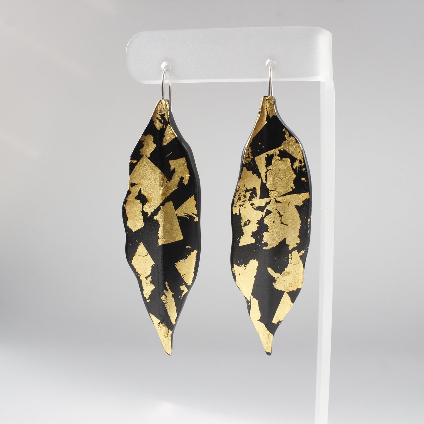 Handcrafted Ebony Wood Leaf Shaped Earrings with 24k Gold Leaf Design