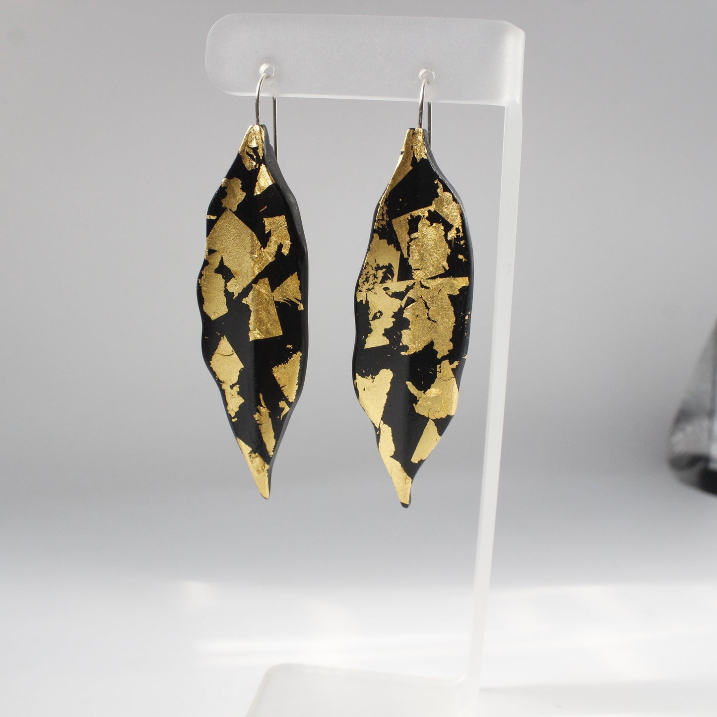 Handcrafted Ebony Wood Leaf Shaped Earrings with 24k Gold Leaf Design