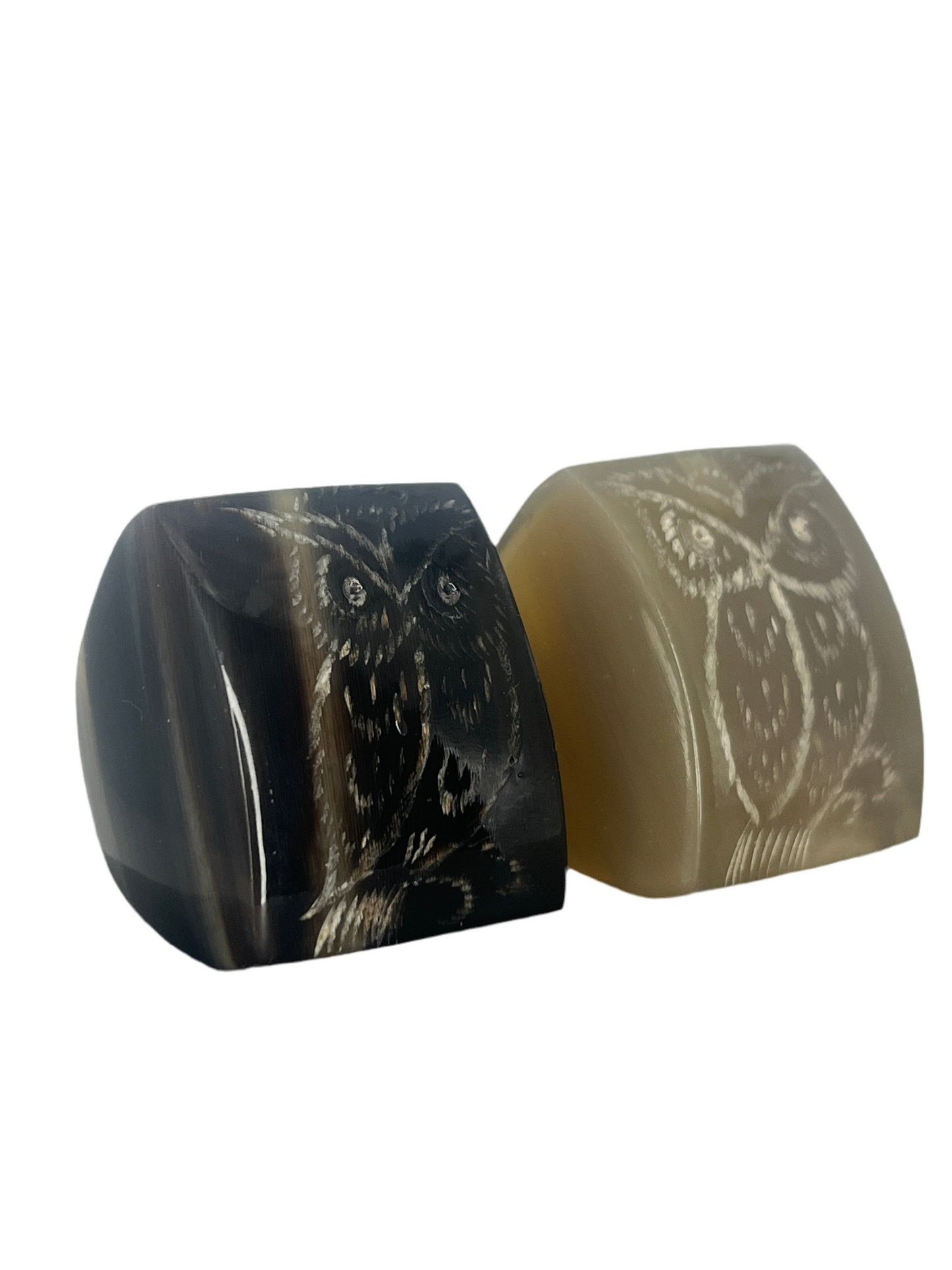 Buffalo Horn Ring Flaco the owl carved tribute
