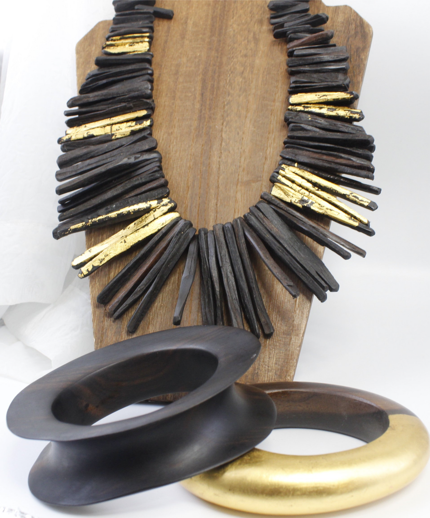 Handcrafted Ebony Wood Statement Necklace with 24k Gold Leaf