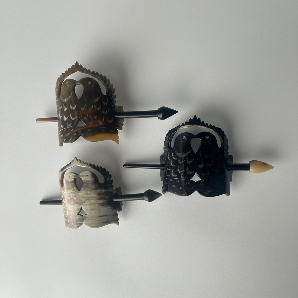 Buffalo Horn “Kissing Dove” Hair Accessory — Hand‑Carved 6" Hair Stick with Ornate Motif