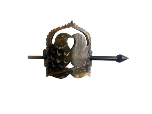 Buffalo Horn “Kissing Dove” Hair Accessory — Hand‑Carved 6" Hair Stick with Ornate Motif