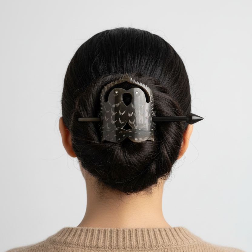 Buffalo Horn “Kissing Dove” Hair Accessory — Hand‑Carved 6" Hair Stick with Ornate Motif
