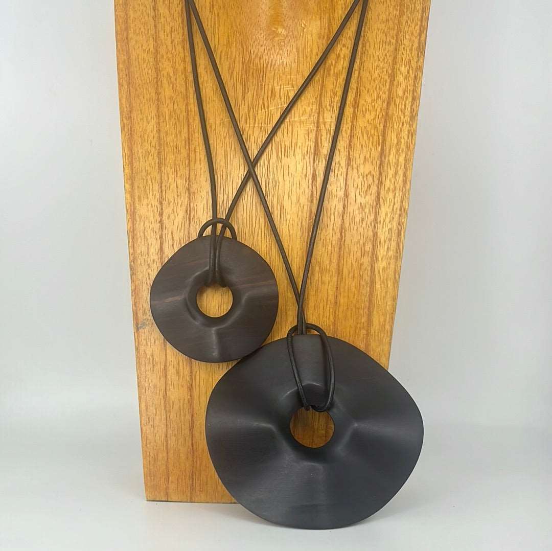Wavy Ebony Wood Pendant on Single Long Leather Cord