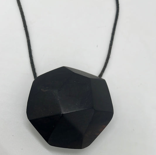 Large Faceted Ebony Wood Pendant  Genuine Leather cord