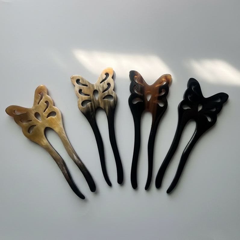 Hand‑Carved Buffalo Horn Butterfly French Pin — Artisan 2‑Prong Hair Accessory