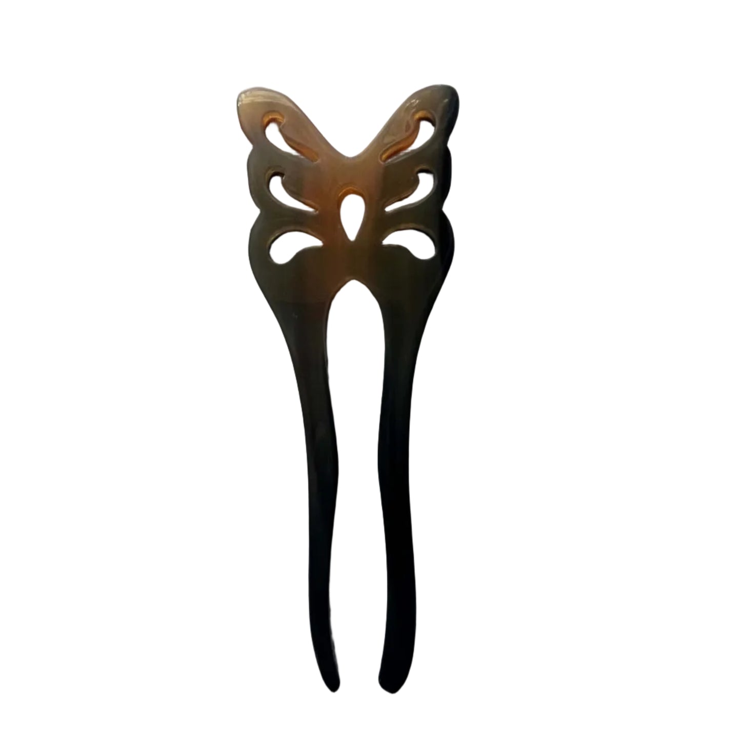 Hand‑Carved Buffalo Horn Butterfly French Pin — Artisan 2‑Prong Hair Accessory