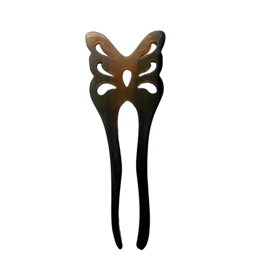 Hand‑Carved Buffalo Horn Butterfly French Pin — Artisan 2‑Prong Hair Accessory