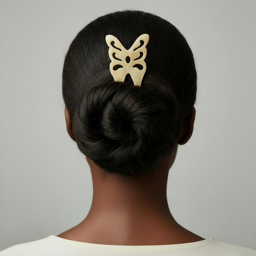 Hand‑Carved Buffalo Horn Butterfly French Pin — Artisan 2‑Prong Hair Accessory