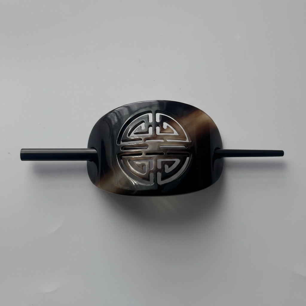 Handmade Buffalo Horn Hair Accessory Set — 6" Stick & Chinese Fortune Symbol Motif