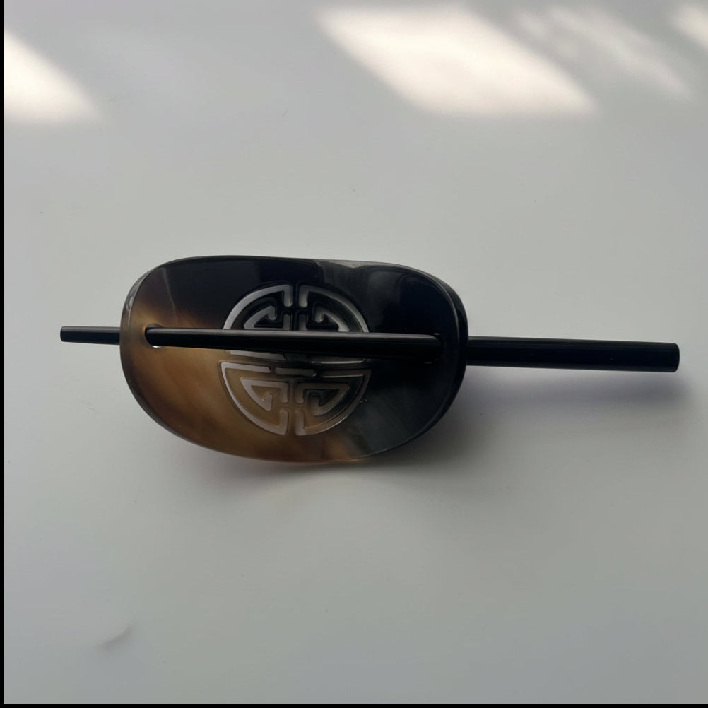 Handmade Buffalo Horn Hair Accessory Set — 6" Stick & Chinese Fortune Symbol Motif