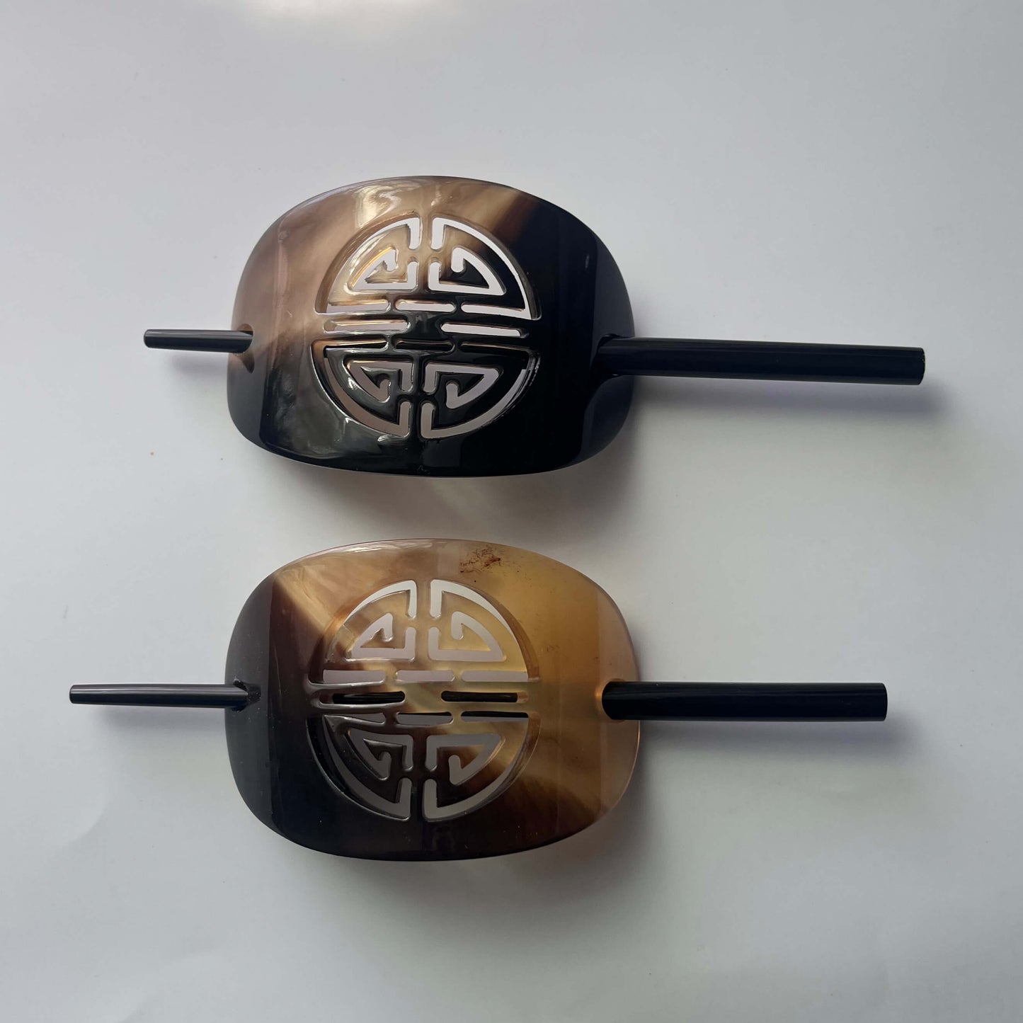 Handmade Buffalo Horn Hair Accessory Set — 6" Stick & Chinese Fortune Symbol Motif