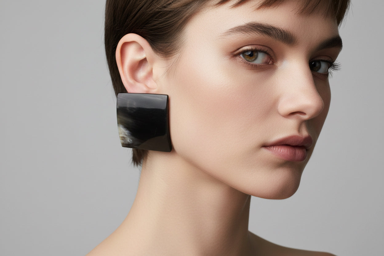 Handcrafted Large Square Retro Button Curved Cattle Horn Earrings Earrings