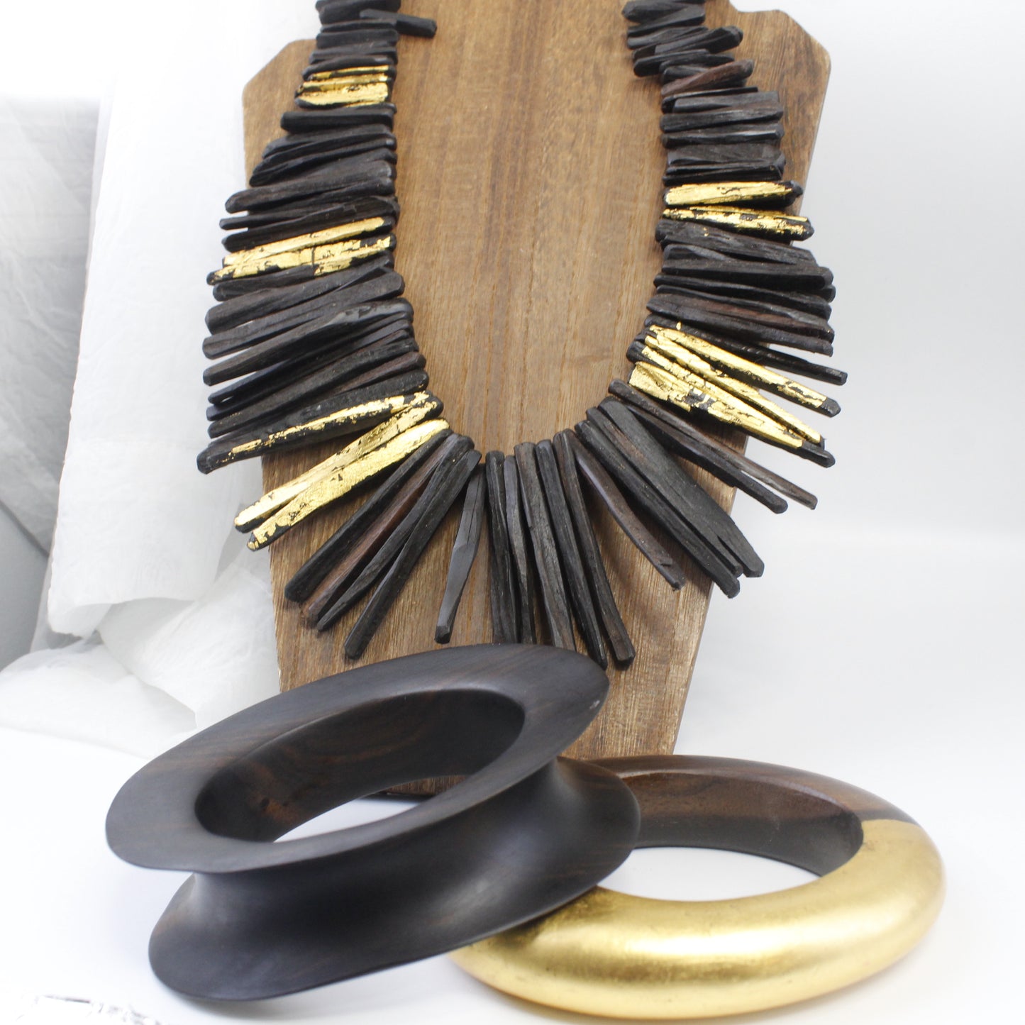 Handcrafted Ebony Wood Statement Necklace with 24k Gold Leaf