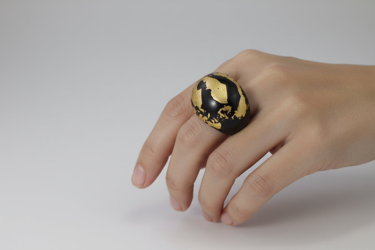 Handcrafted Ebony Wood Domed Ring with 24k Gold Leafing Design