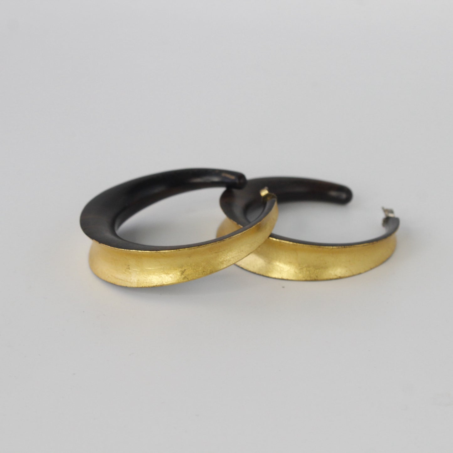 Handcrafted Large Sculpted Ebony Wood Hoop Earrings with 24k Gold Leafing Accents