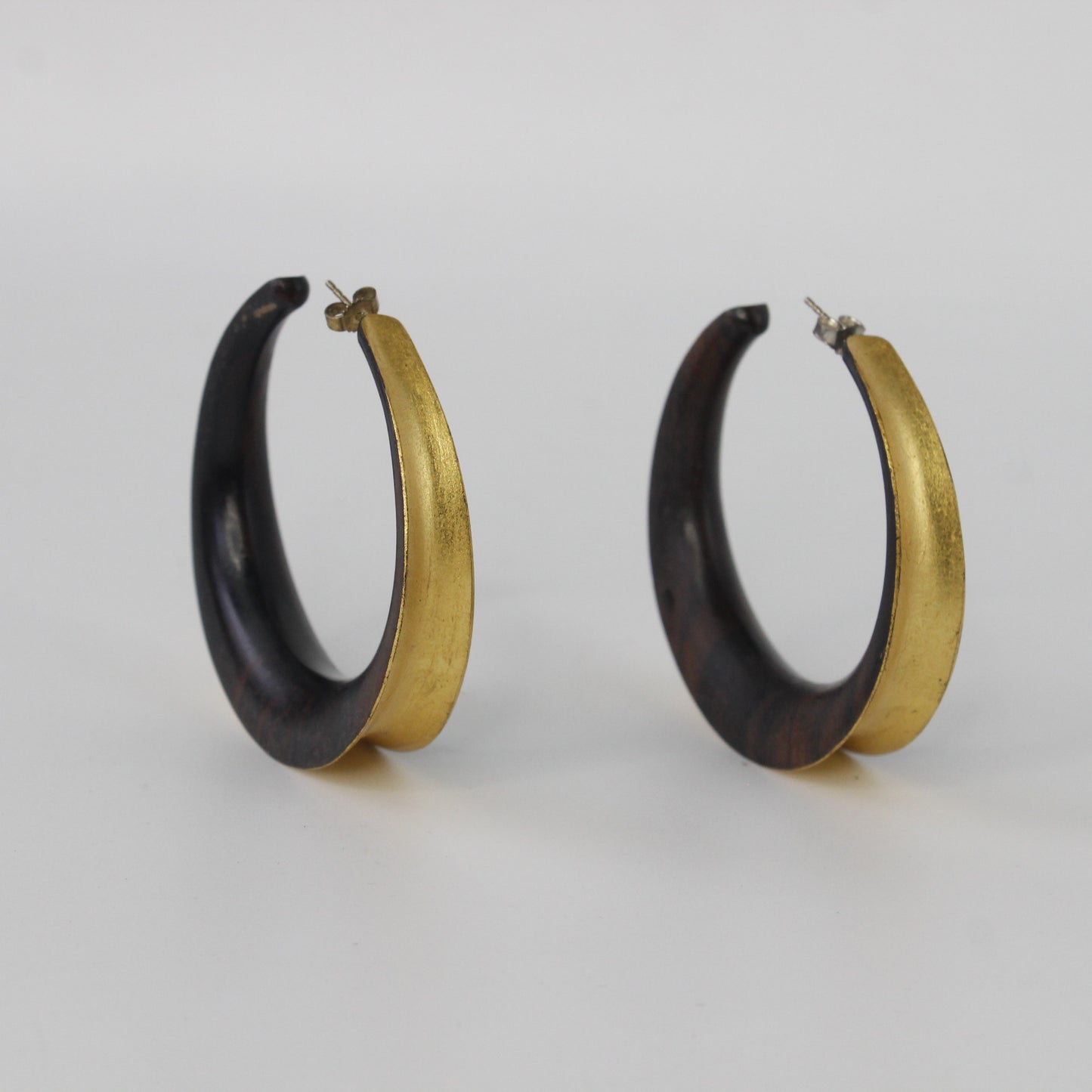 Handcrafted Large Sculpted Ebony Wood Hoop Earrings with 24k Gold Leafing Accents