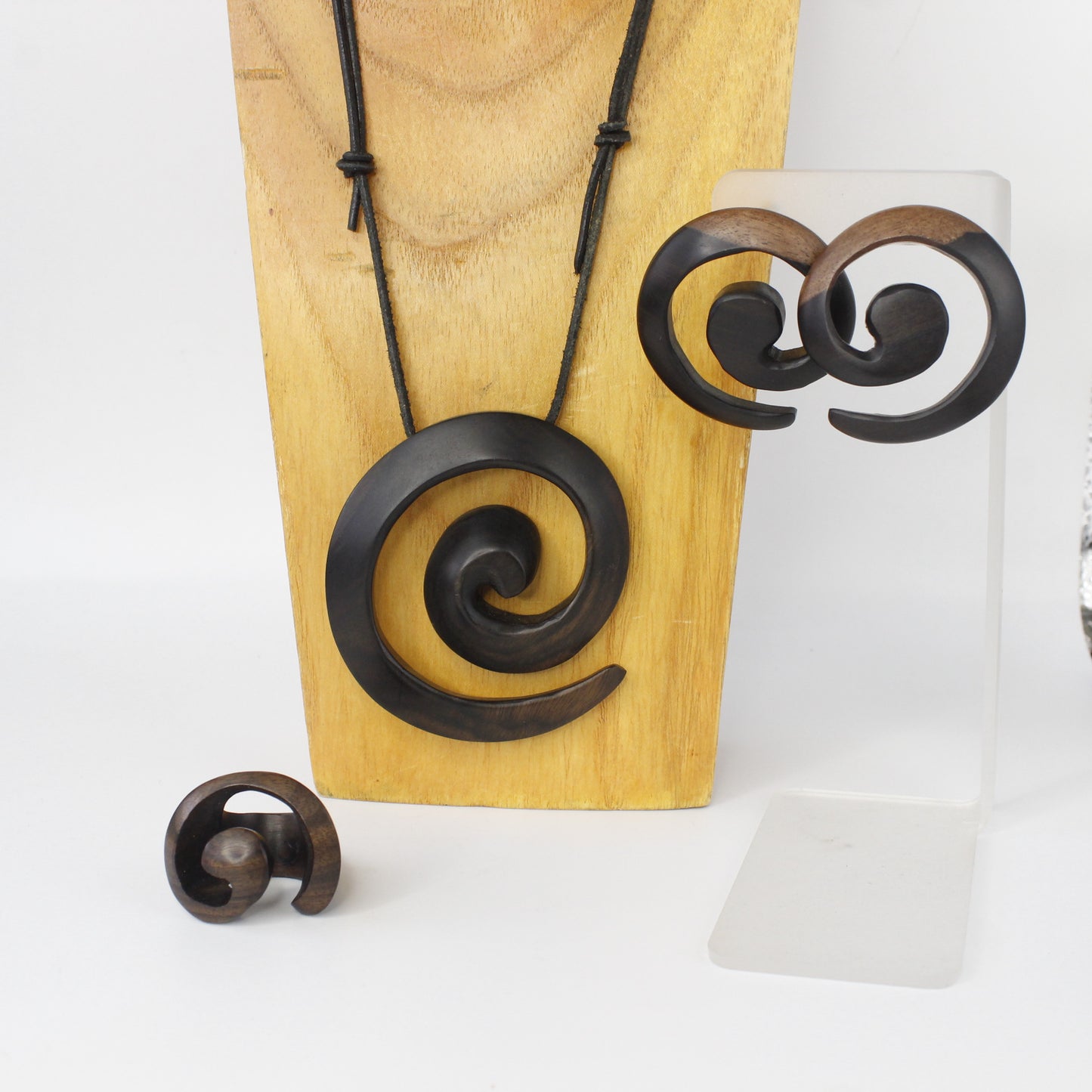 Handcrafted Ebony Wood Swirl Pendant Necklace on Leather Cord