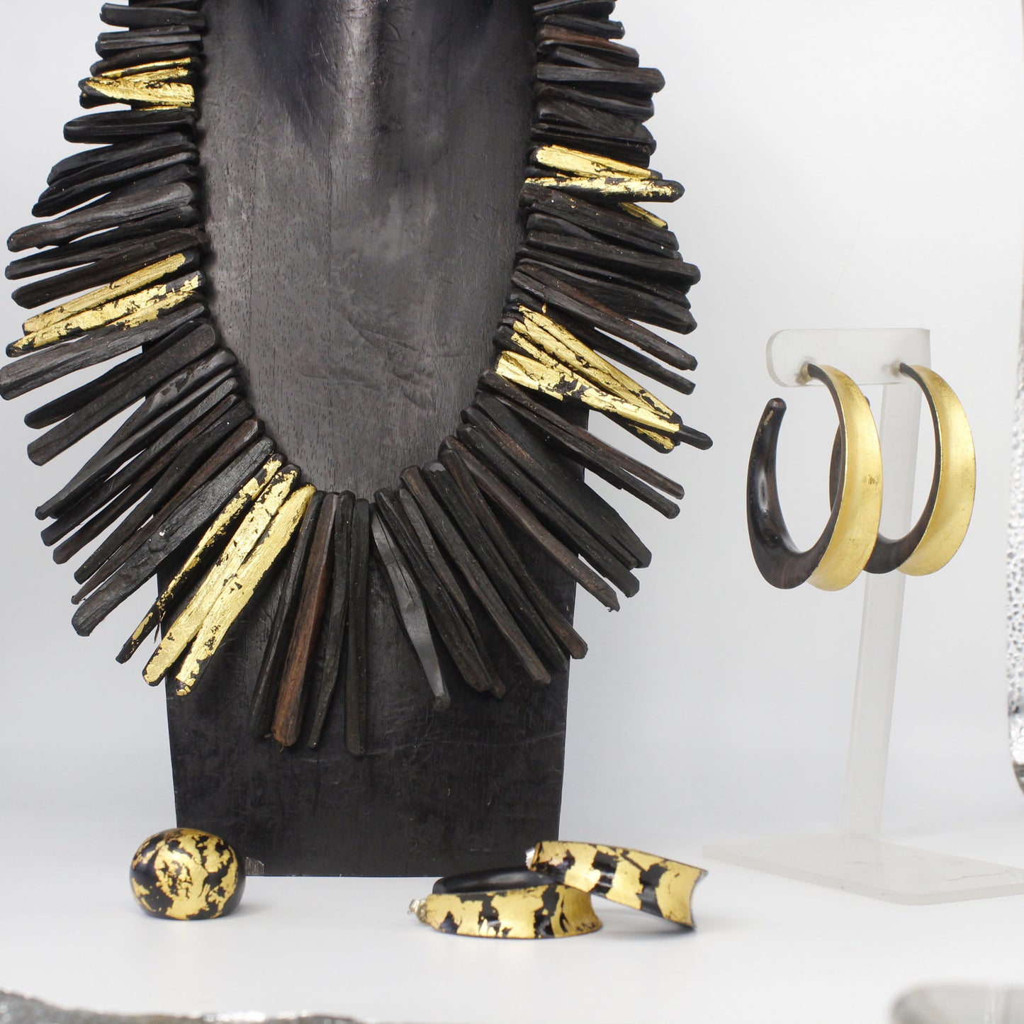 Handcrafted Ebony Wood Statement Necklace with 24k Gold Leaf