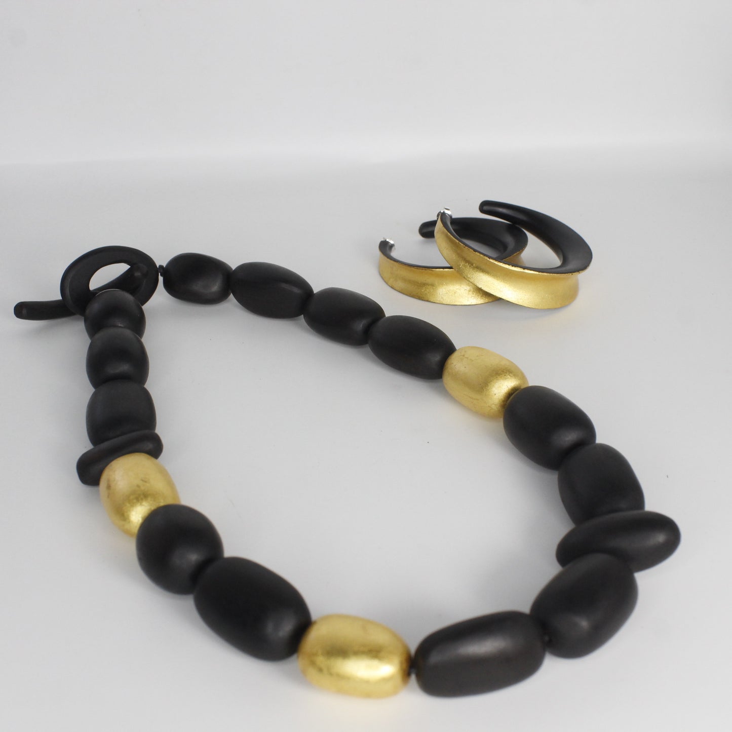 Handcrafted Ebony Wood Bead Necklace from Mali with 24K Gold Leaf Accents