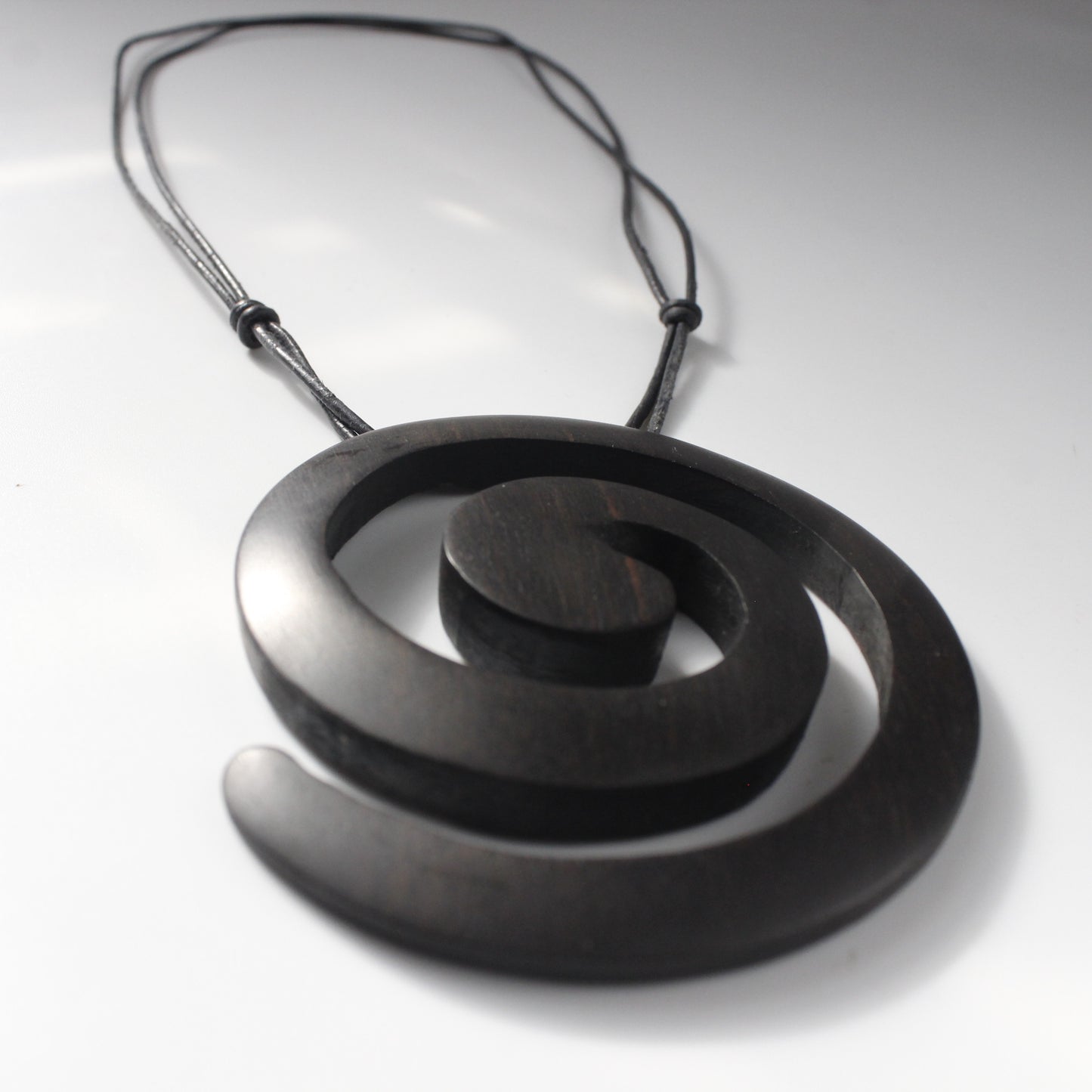 Handcrafted Ebony Wood Swirl Pendant Necklace on Leather Cord