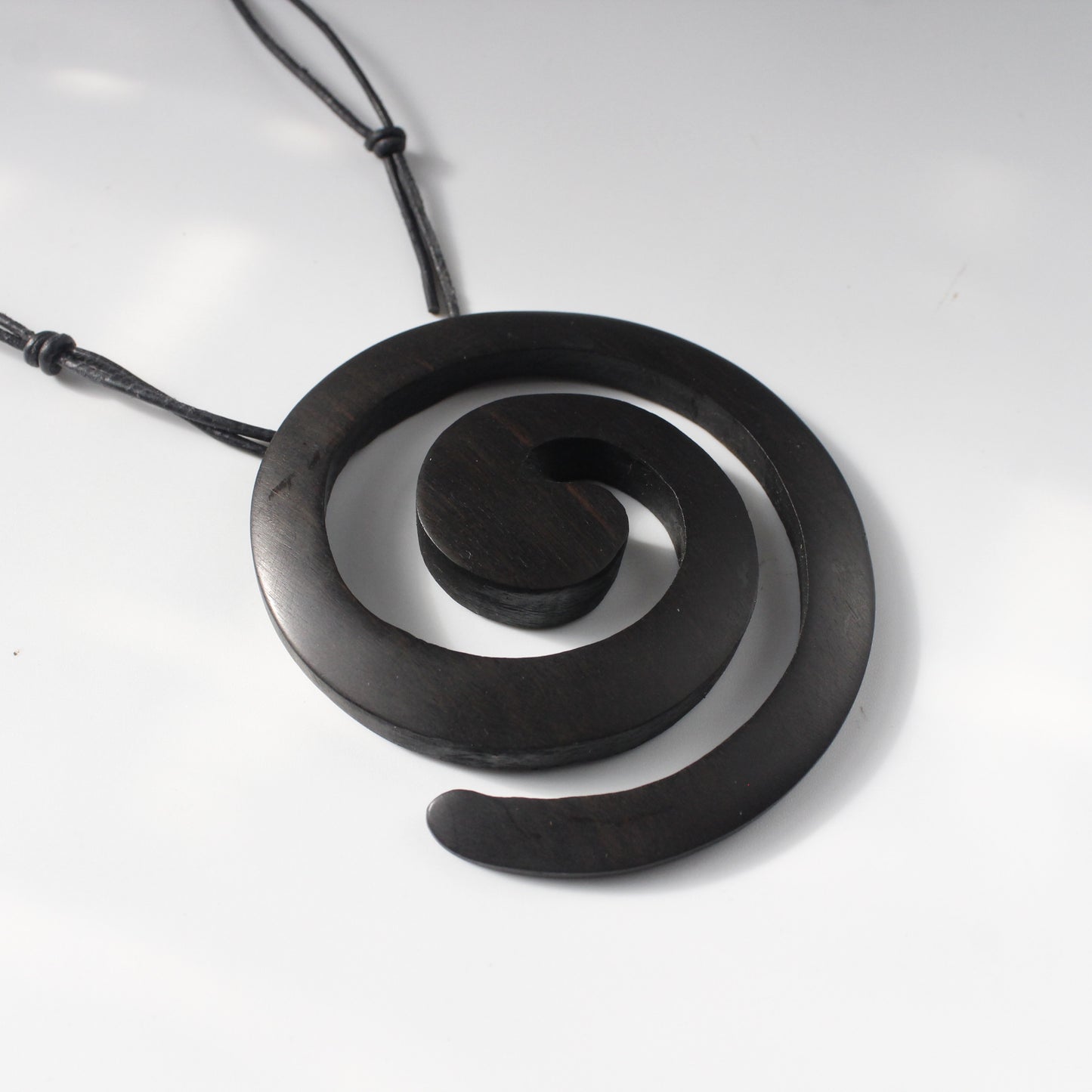 Handcrafted Ebony Wood Swirl Pendant Necklace on Leather Cord
