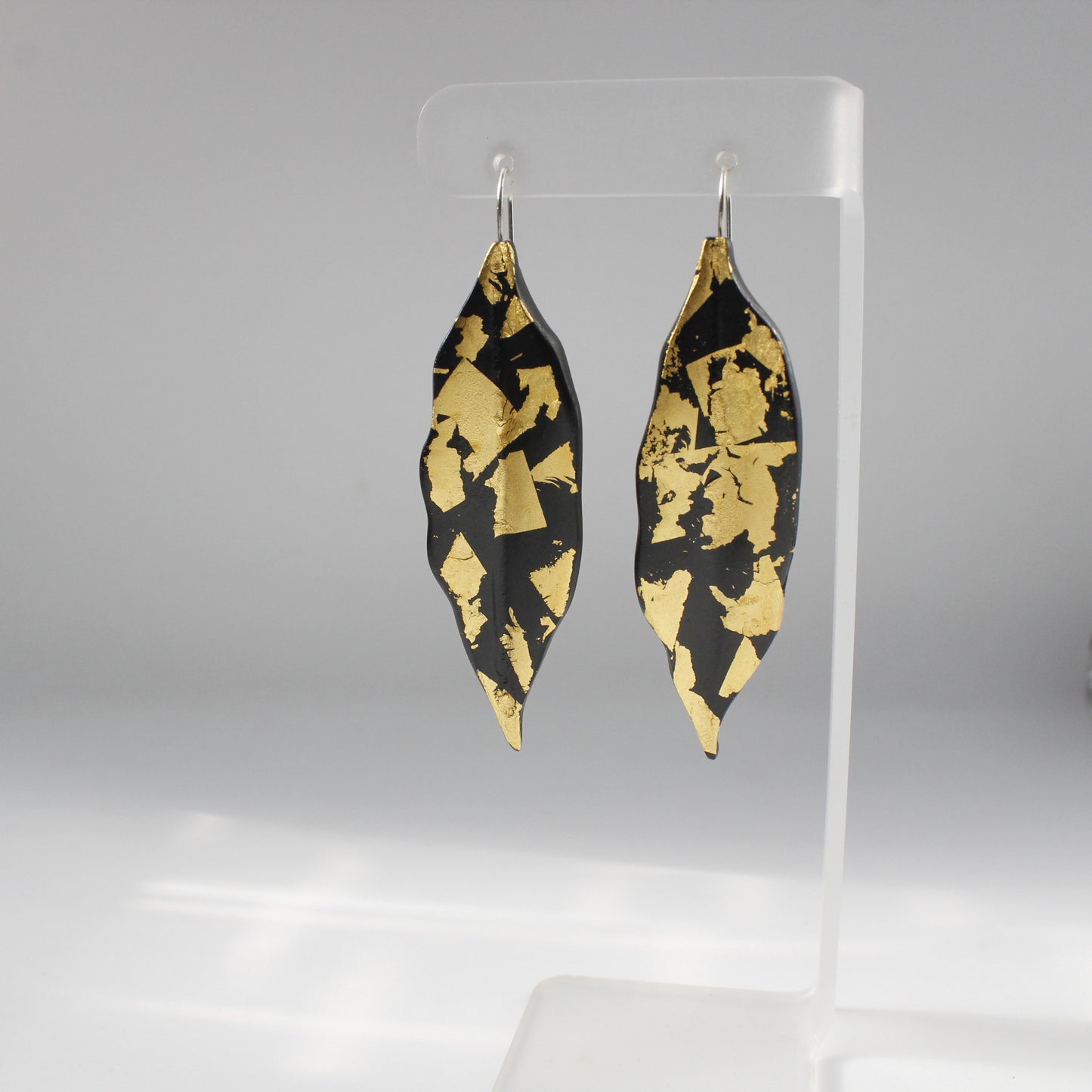 Handcrafted Ebony Wood Leaf Shaped Earrings with 24k Gold Leaf Design
