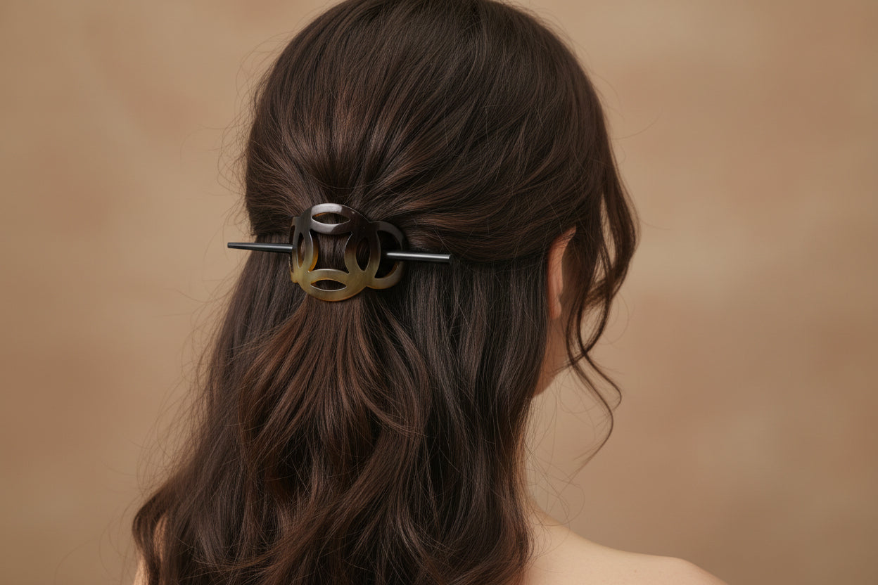Buffalo Horn Hair Stick with Openwork Barrette — Handcrafted, Ethically Sourced Hair Accessory