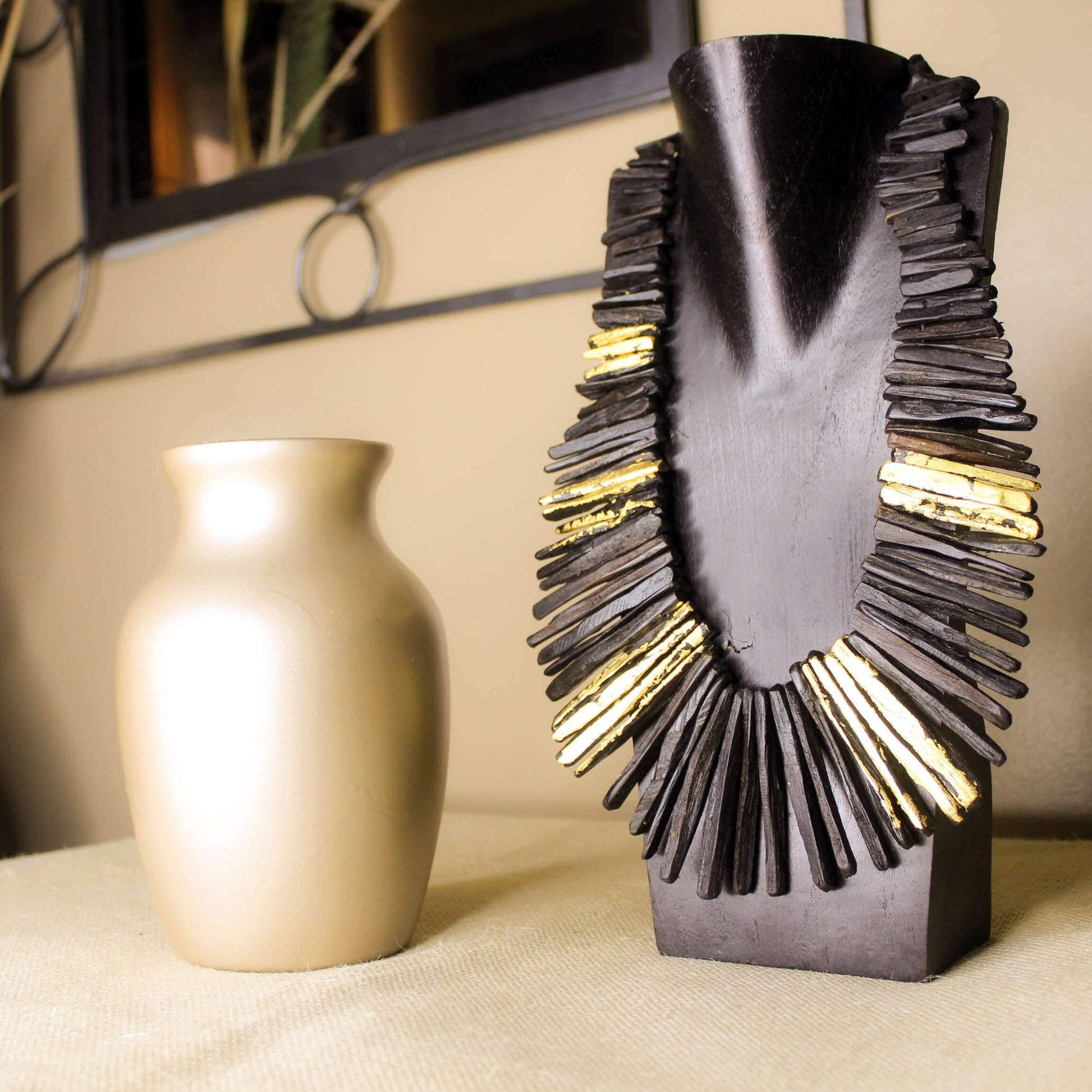 Ebony Wood Gold Leaf Statement Necklace