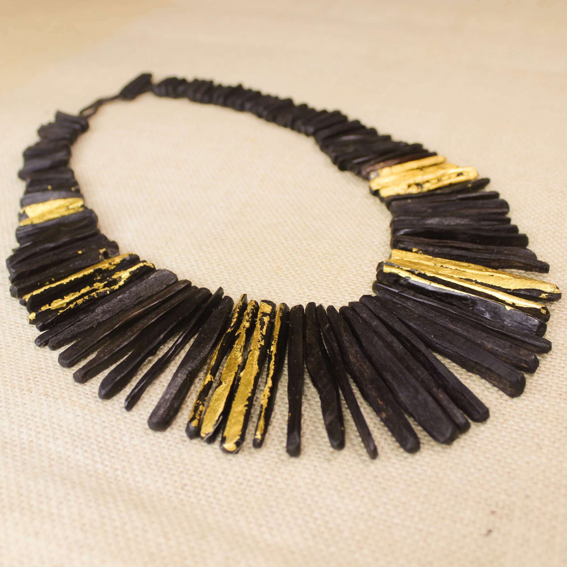 Ebony Wood Gold Leaf Statement Necklace