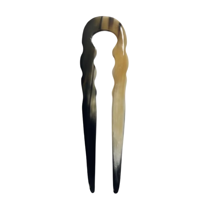 Hand‑Carved Buffalo Horn Classic French Pin — Natural 2‑Prong Hair Accessory