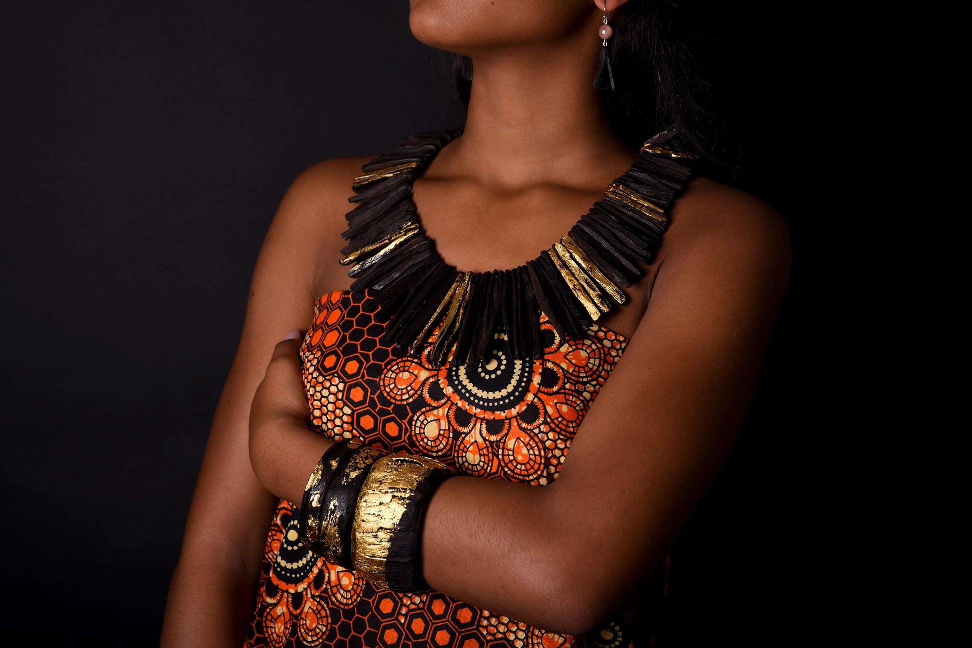 Ebony Wood Gold Leaf Statement Necklace