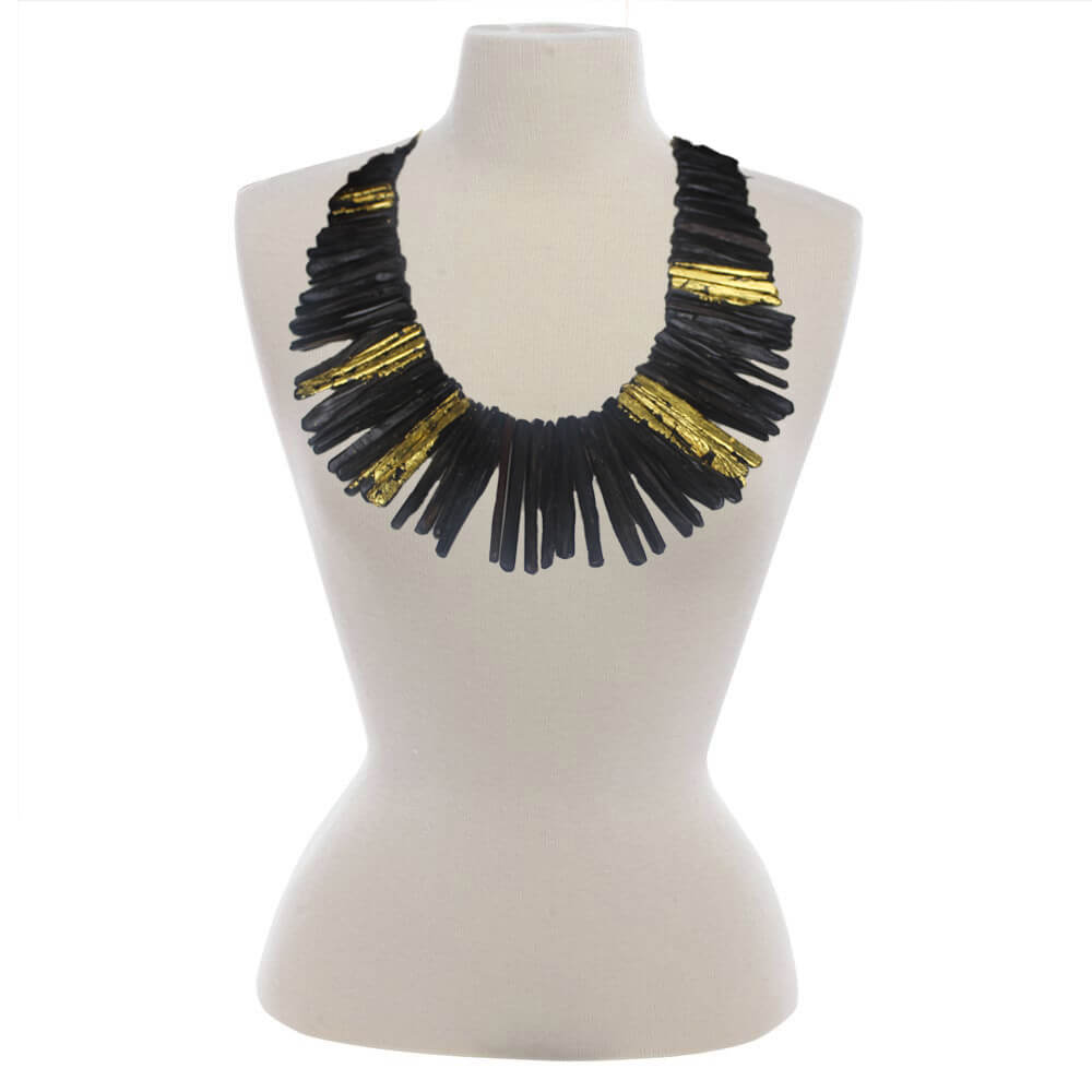 Handcrafted Ebony Wood Statement Necklace with 24k Gold Leaf